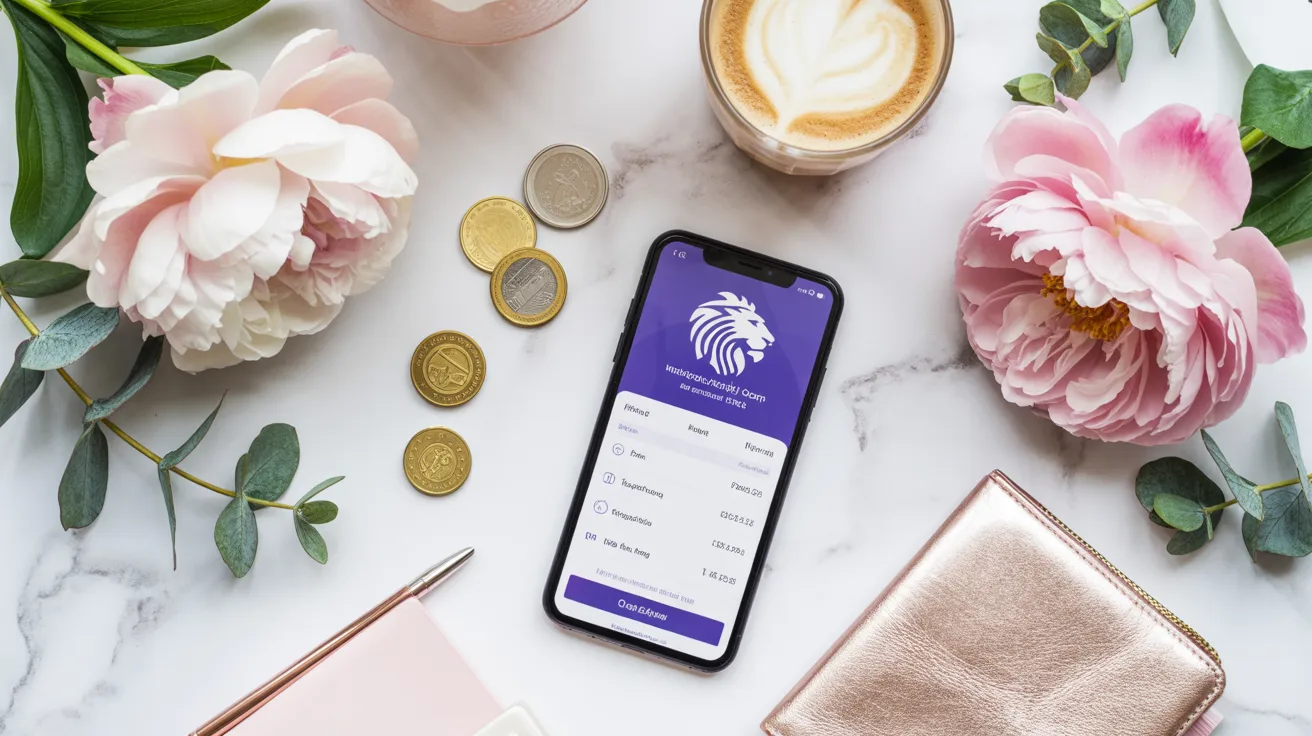Smartphone with finance app on marble with flowers and gold coins