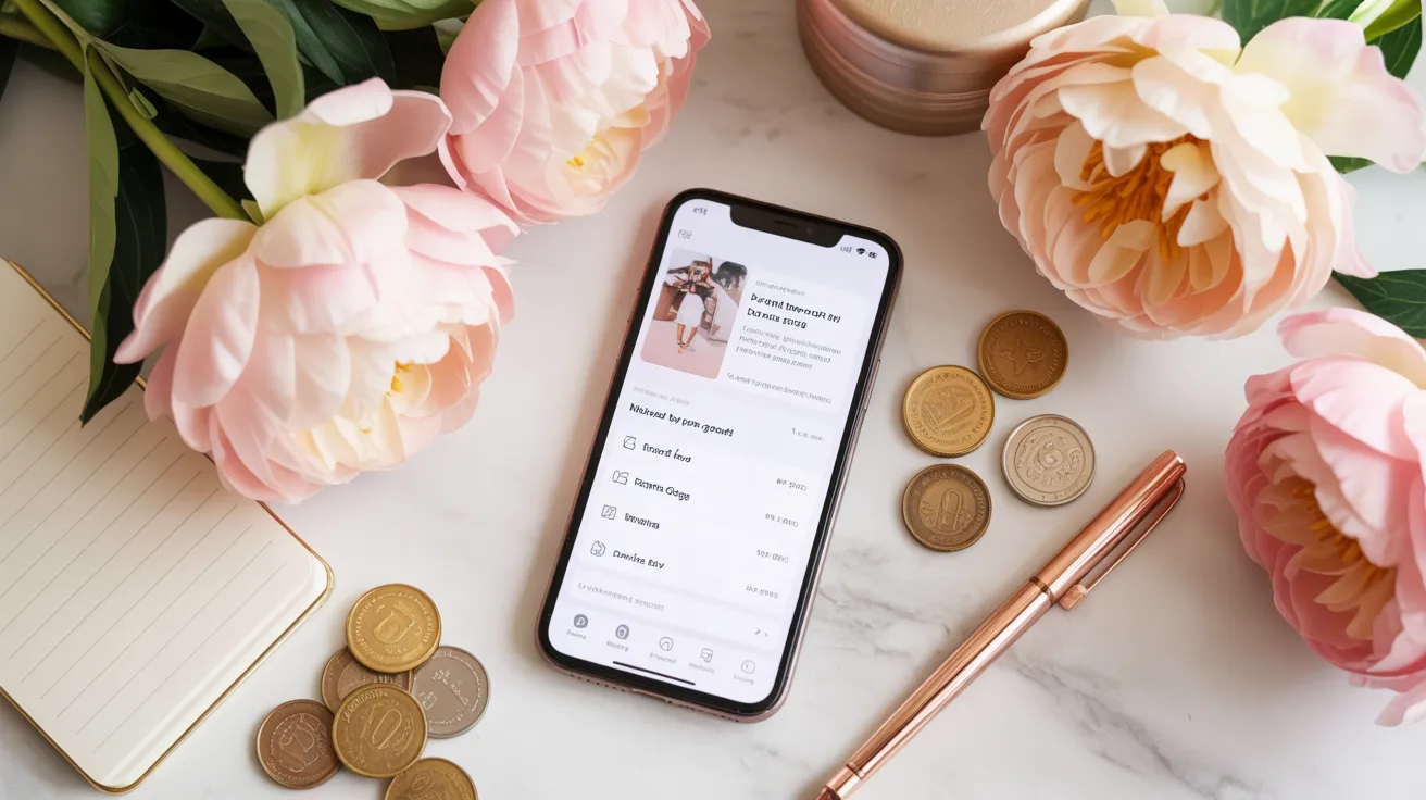 Smartphone displaying cash advance apps on marble surface with peonies and gold coins
