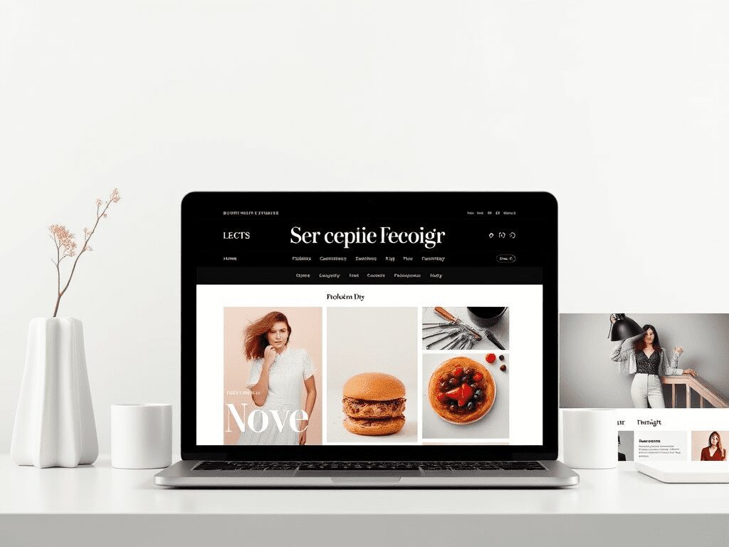 A laptop displaying a stylish website with a black background featuring various images, including a portrait, a burger, and a plate of food, alongside decorative items like a vase and a candle.