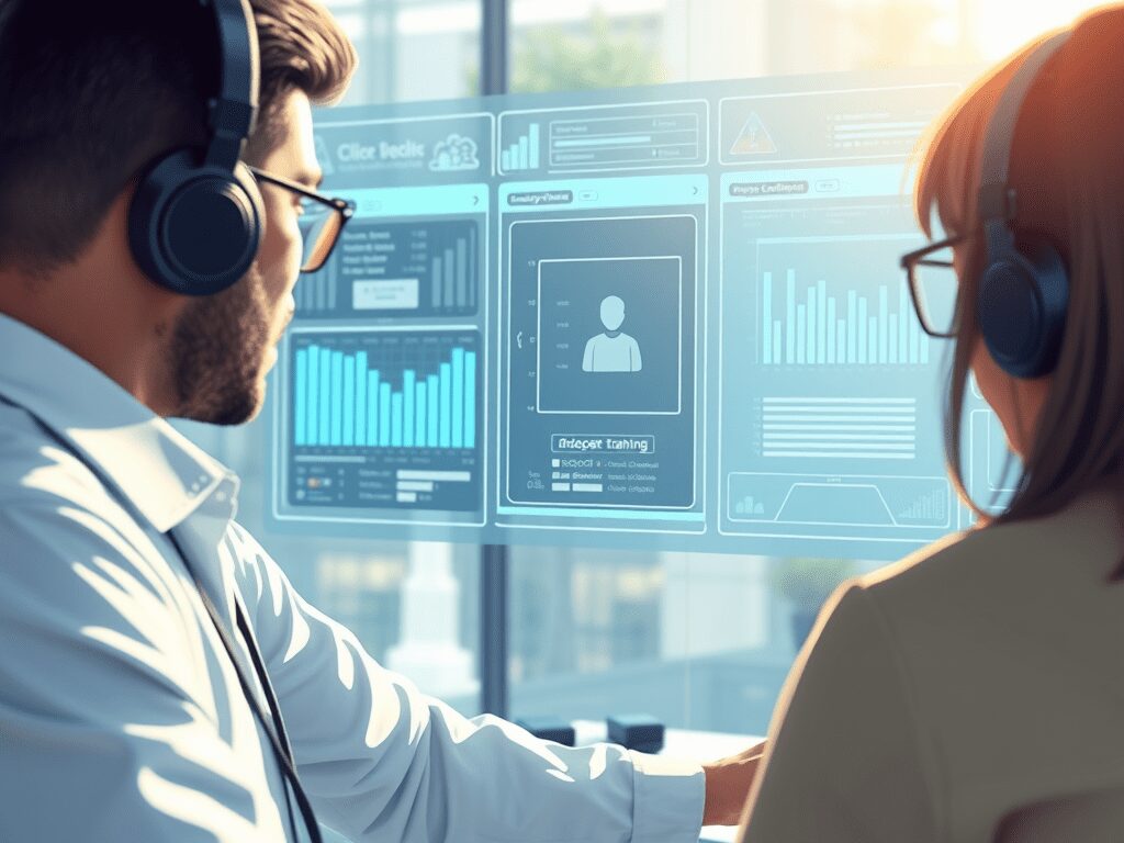 Two individuals wearing headphones working on an interactive screen displaying data analytics and training information.