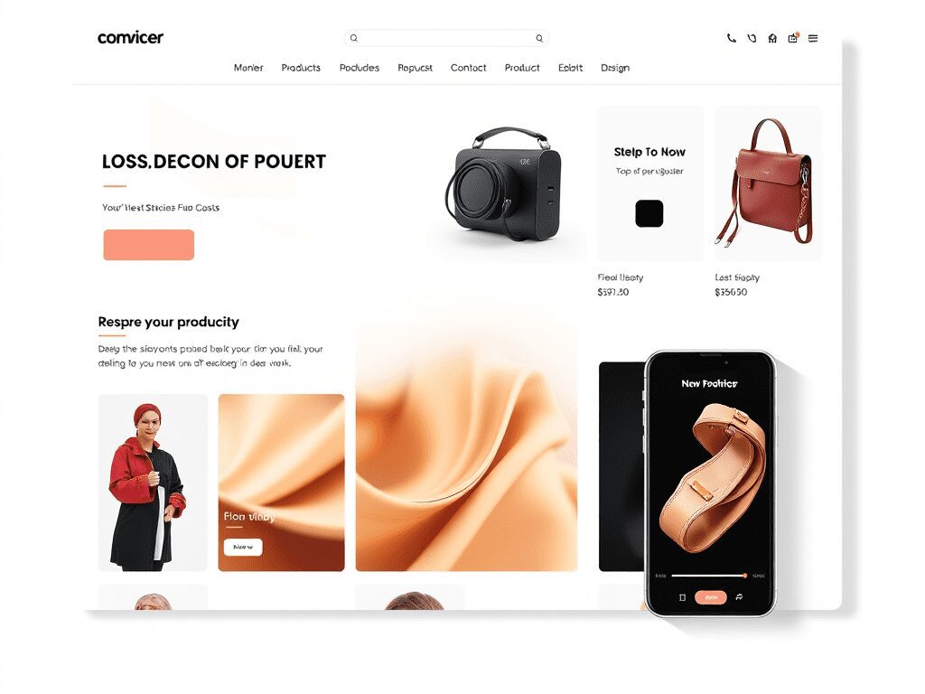 Screenshot of an e-commerce webpage featuring various products including a camera, handbag, and footwear, with sections for promotional content and navigation menu.