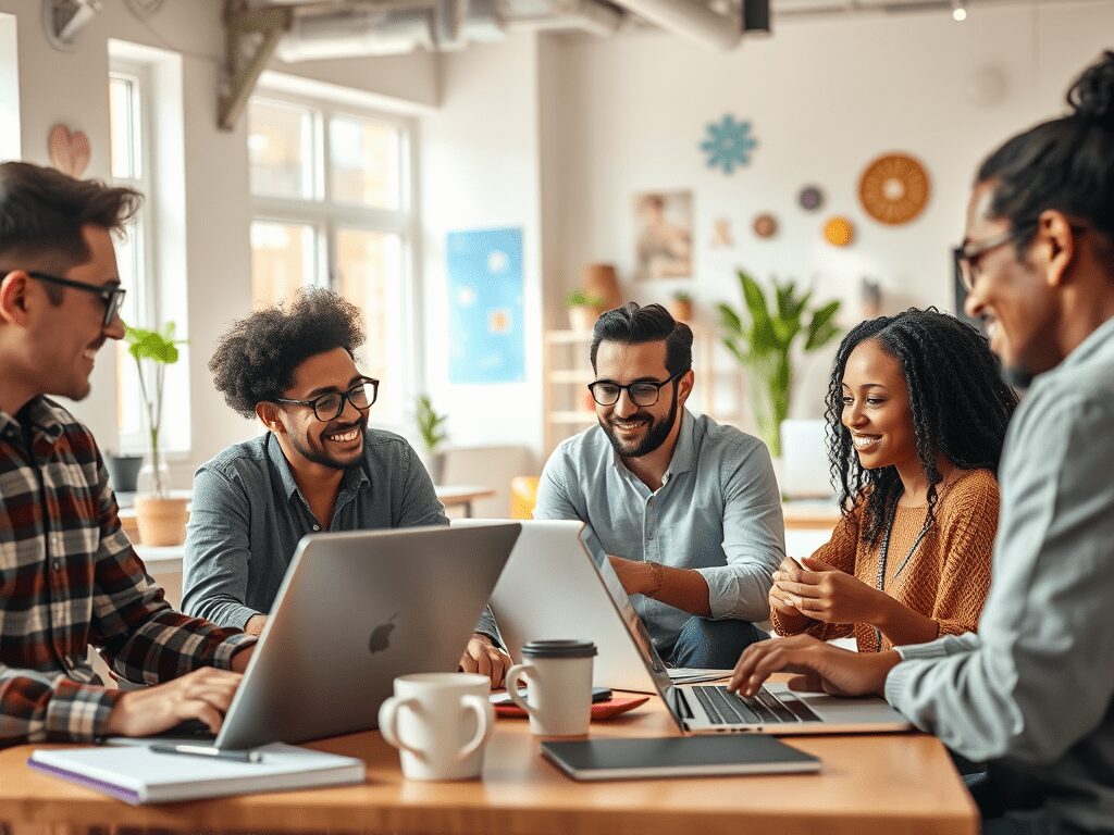 A diverse group of five young professionals collaborating at a table with laptops and coffee cups in a bright, modern workspace.