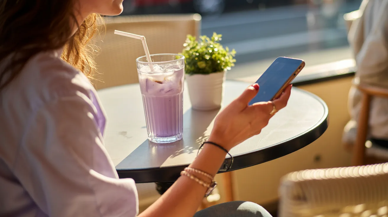 Woman at cafe holding smartphone with cash advance app and lavender iced drink