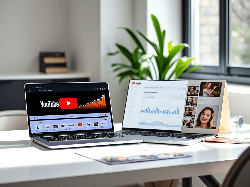 Two laptops on a desk displaying YouTube analytics and content, with a plant in the background.