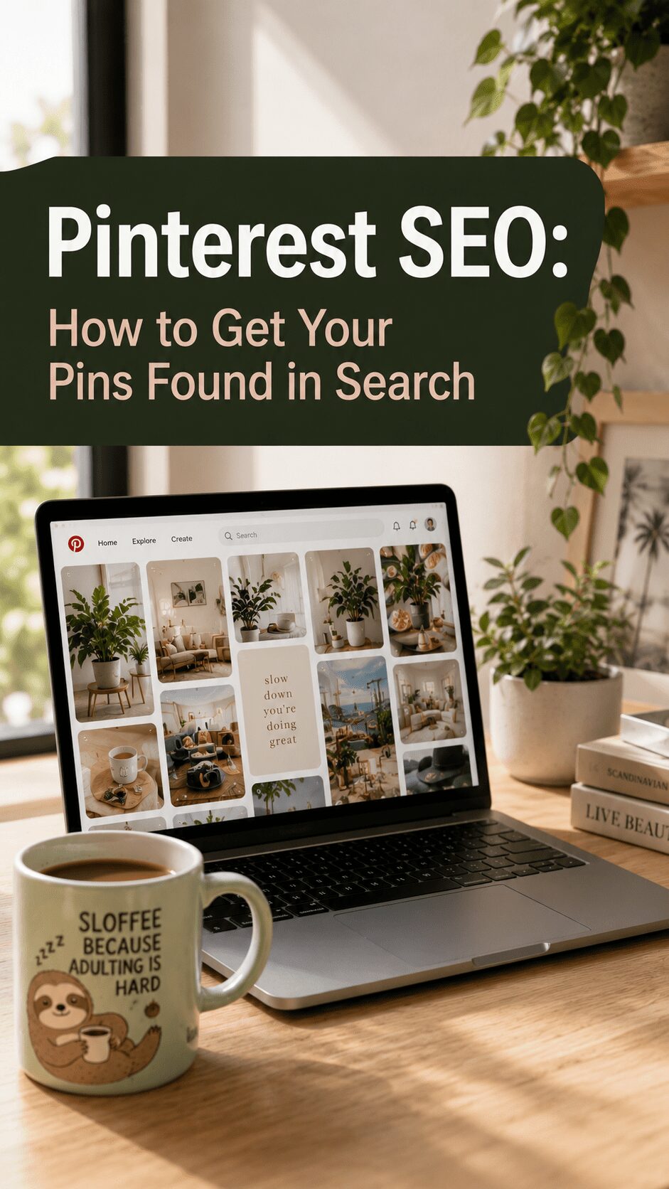 A laptop displaying Pinterest SEO tips with a focus on improving pin visibility in search, alongside a coffee cup featuring a sloth design and text about adulting.