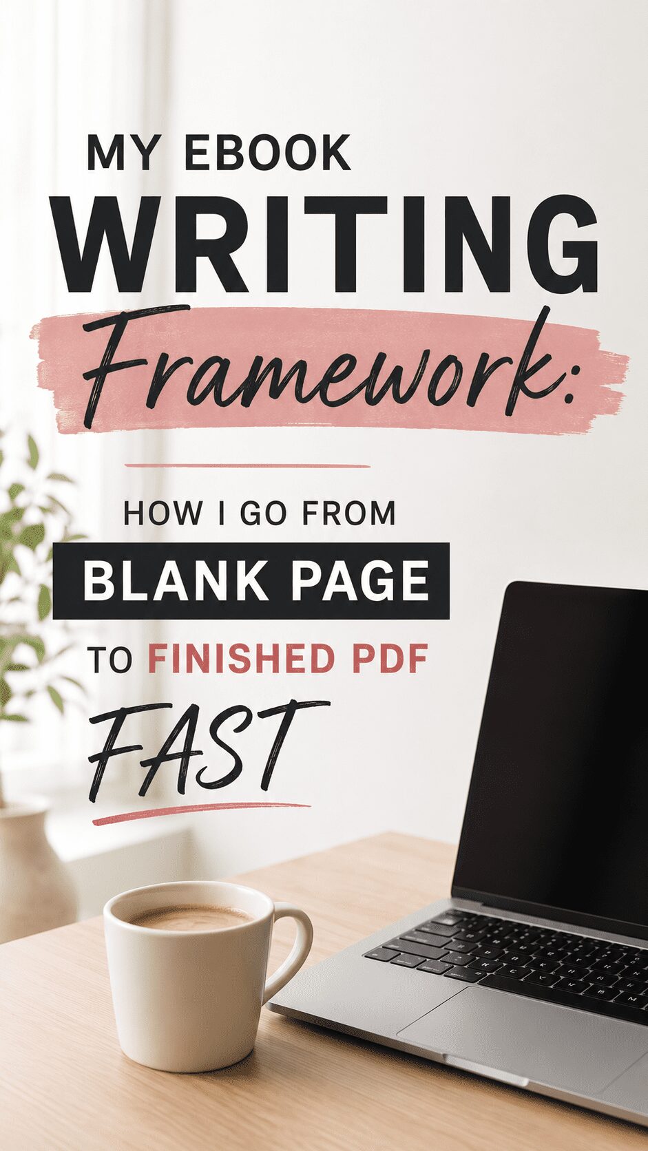A laptop on a wooden table with a coffee cup, featuring text about an ebook writing framework that outlines the process from blank page to finished PDF quickly.