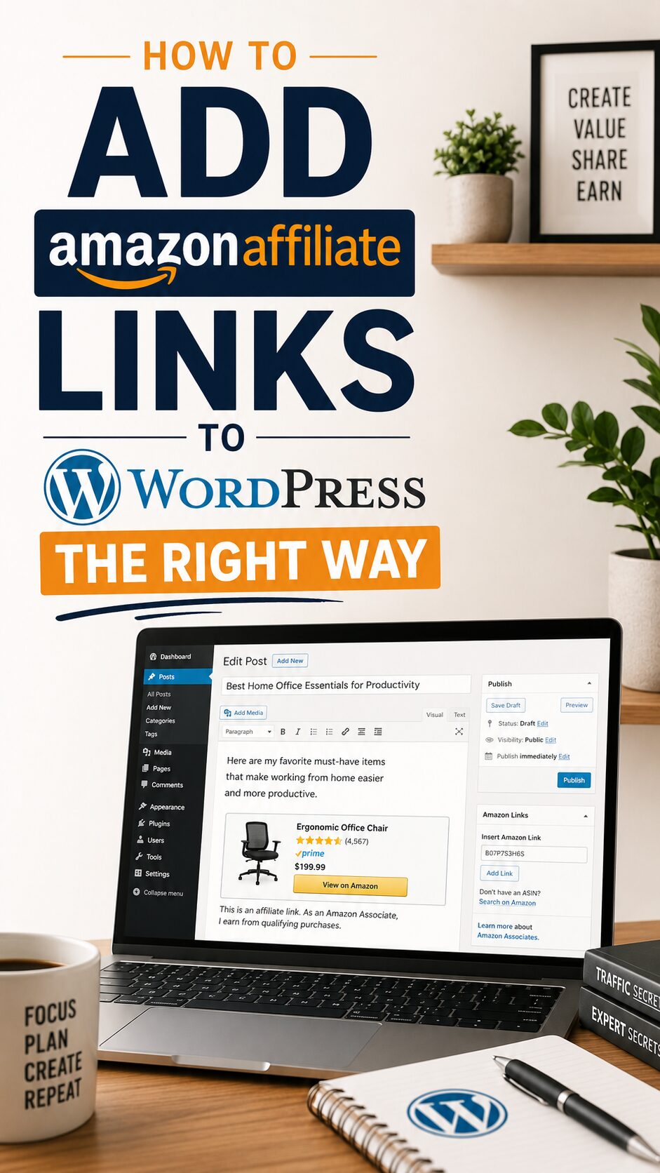 Image showing a laptop displaying a WordPress post editor with text about adding Amazon affiliate links, alongside a coffee cup and a notebook.