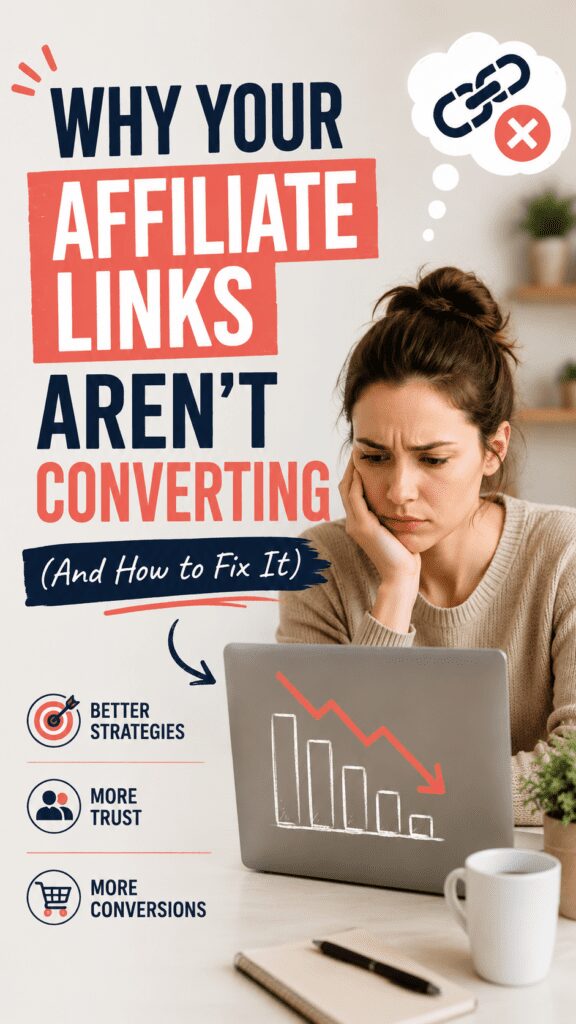 A woman looking concerned while working on a laptop, surrounded by a coffee cup and a notebook, with text overlay discussing affiliate link conversion strategies.