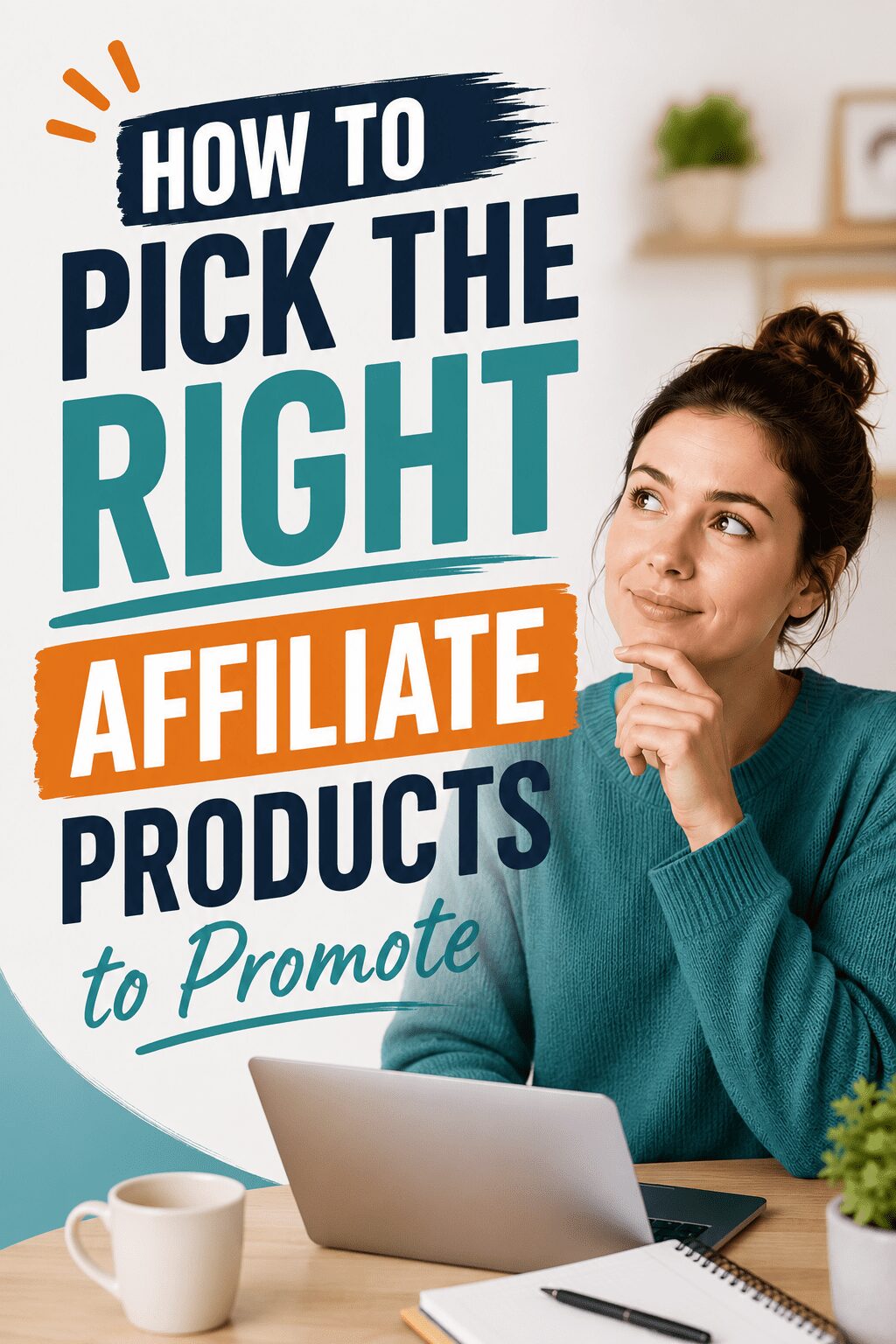 A young woman sitting at a desk, contemplating, with a laptop open in front of her, and a coffee mug to the side. The image features bold text overlay that reads 'How to Pick the Right Affiliate Products to Promote'.