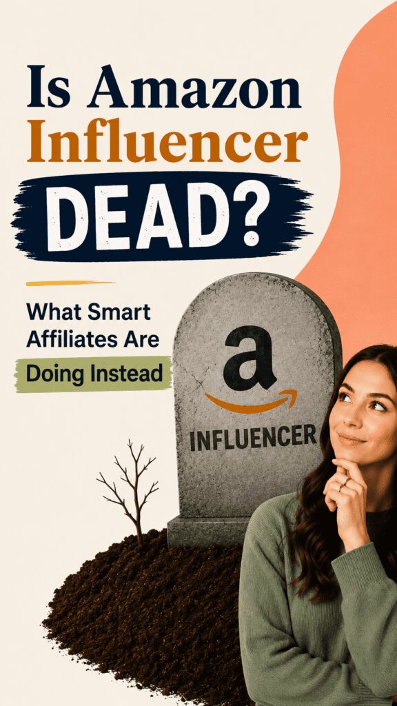A woman pondering next to a gravestone marked with an Amazon logo and the word 'INFLUENCER,' questioning the relevance of Amazon influencers, with the title 'Is Amazon Influencer DEAD?' in bold letters.