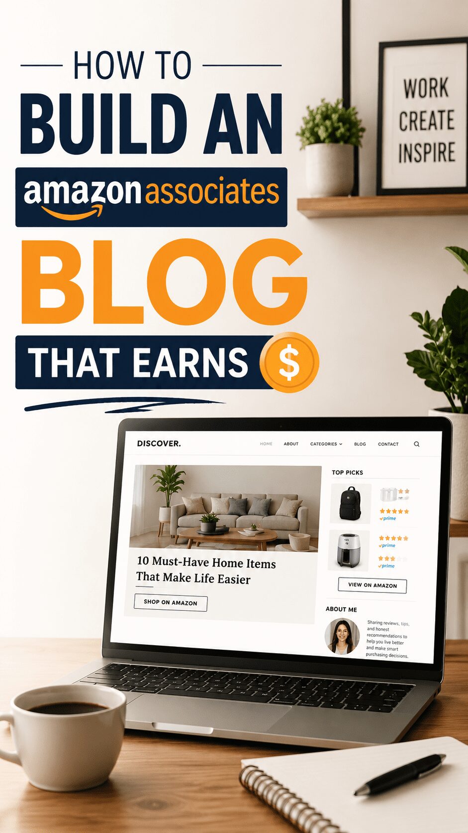 A laptop displaying a blog titled '10 Must-Have Home Items That Make Life Easier' on a wooden desk, with a cup of coffee and a notebook nearby. The image features a modern workspace with plants and a shelf in the background.