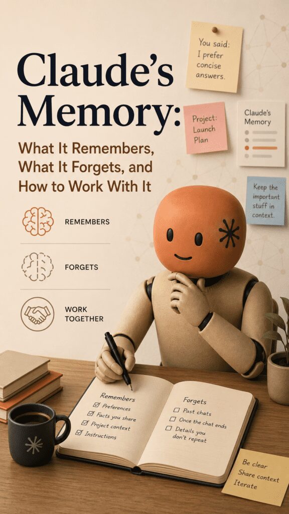 An illustration titled 'Claude's Memory' featuring a stylized character holding a pen, sitting at a desk with an open notebook. The notebook lists items Claude remembers and forgets, alongside sticky notes and a coffee mug.
