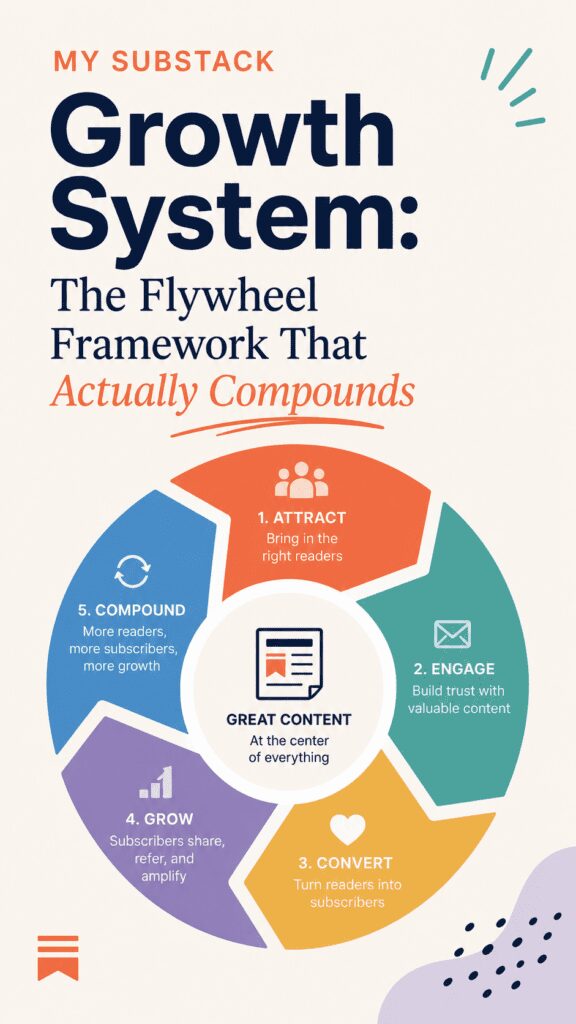 Infographic titled 'My Substack Growth System: The Flywheel Framework That Actually Compounds', illustrating a five-step growth process with a central focus on 'Great Content'. Steps include: 1. Attract: Bring in the right readers; 2. Engage: Build trust with valuable content; 3. Convert: Turn readers into subscribers; 4. Grow: Subscribers share, refer, and amplify; 5. Compound: More readers, more subscribers, more growth.
