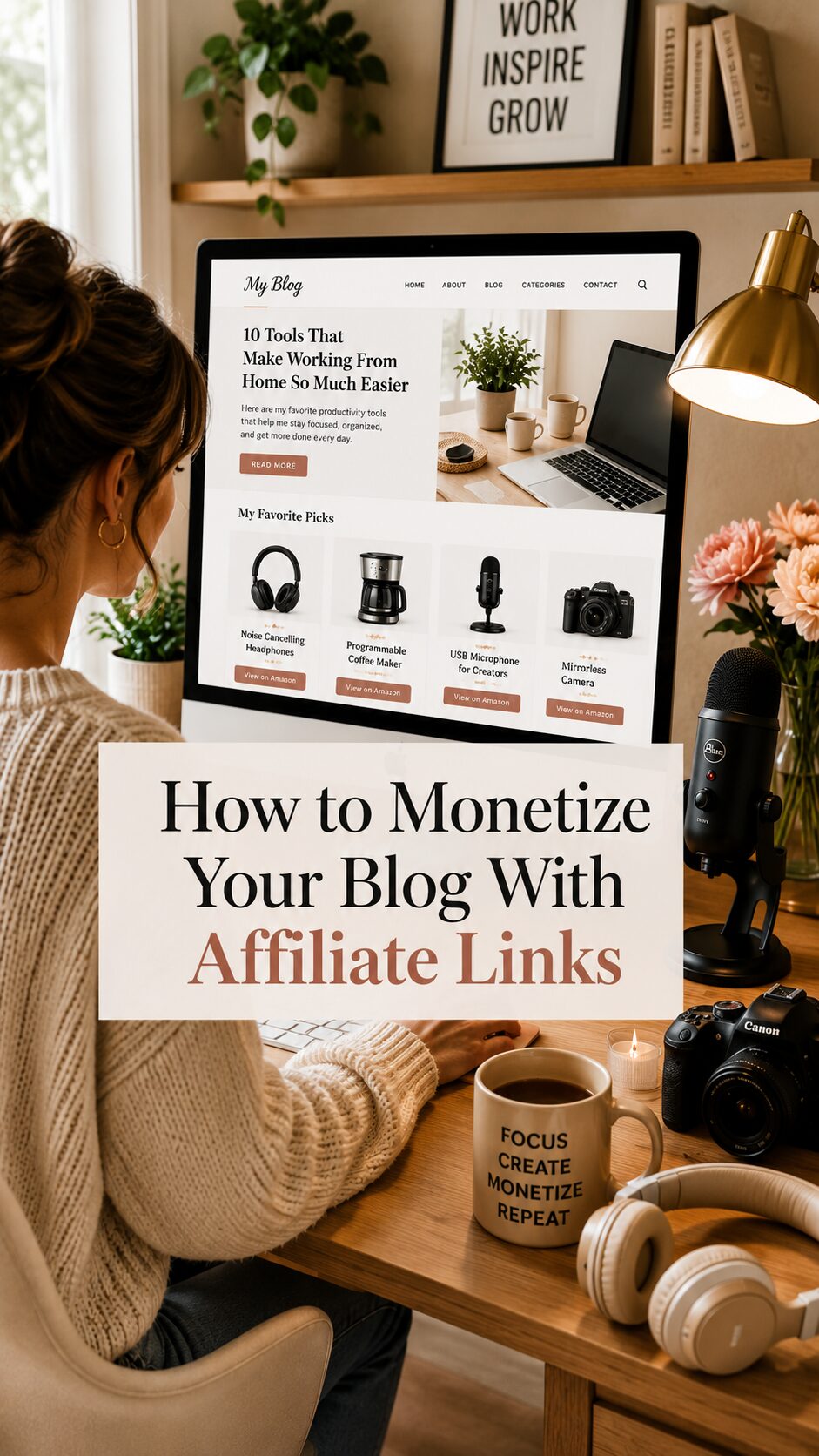 A person sitting at a desk working on a computer featuring a blog about monetizing blogs with affiliate links. There are various items on the desk, including a mug with motivational text, headphones, a candle, and a camera.
