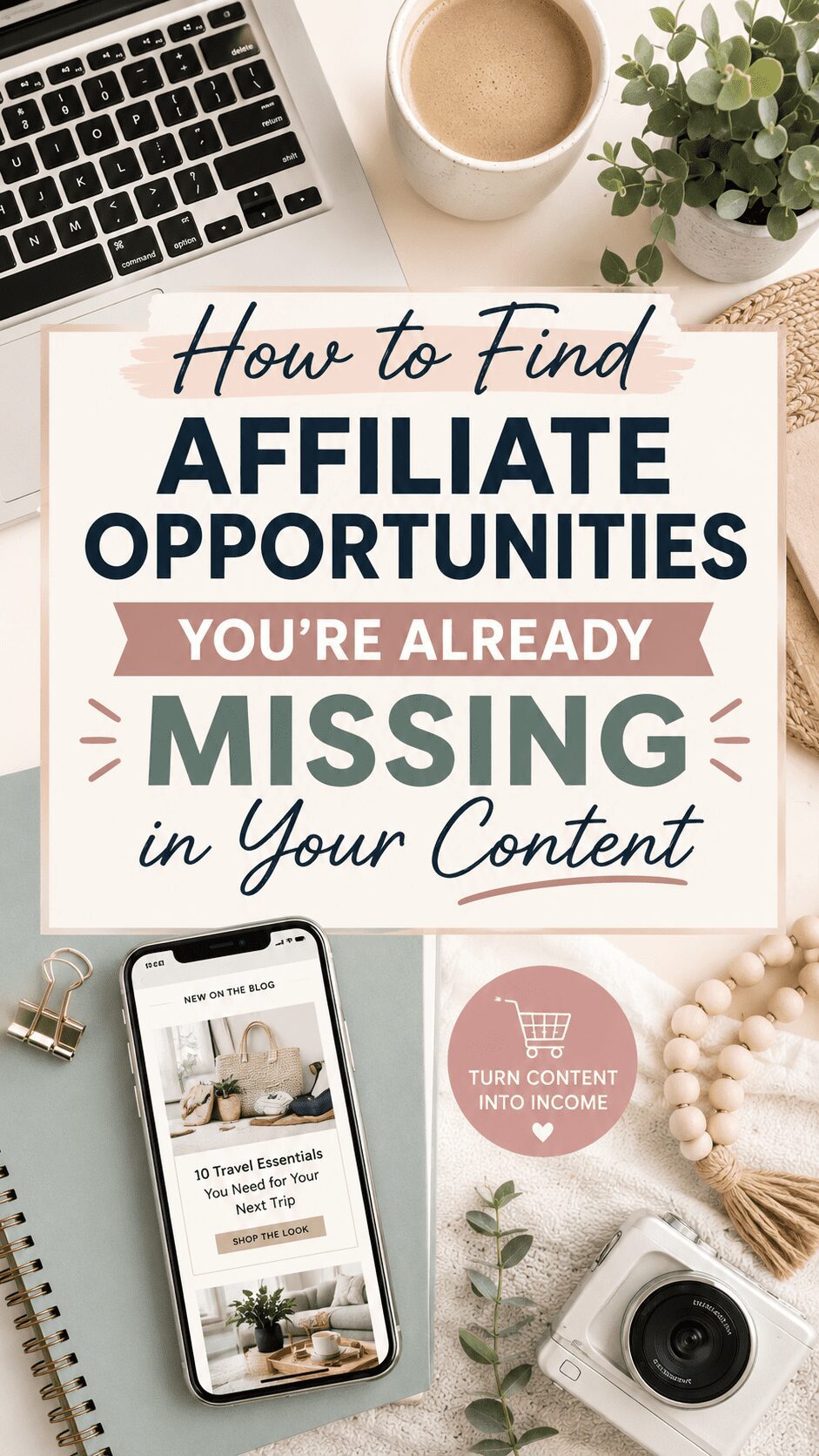 A flat lay image featuring a laptop, a smartphone displaying a blog post, a notebook, a camera, a coffee cup, and decorative greenery. The text overlay reads 'How to Find Affiliate Opportunities You're Already Missing in Your Content'.