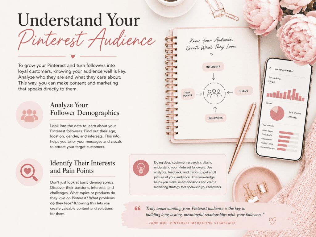Infographic titled 'Understand Your Pinterest Audience' with tips on analyzing follower demographics and identifying interests and pain points, featuring a notebook and a mobile phone displaying audience insights.