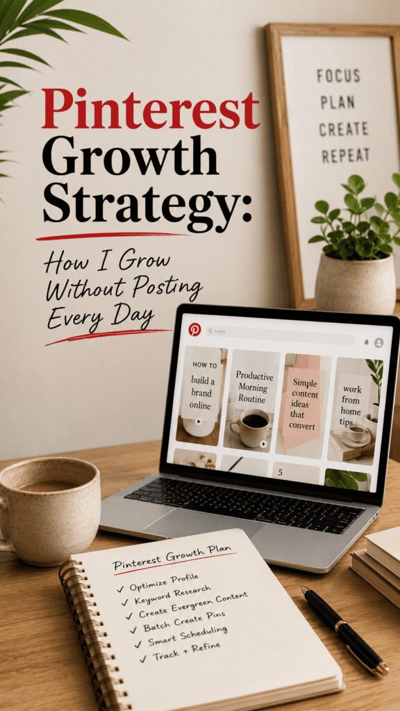 A laptop displaying a Pinterest growth strategy with a notebook listing key points for optimizing Pinterest use, alongside a cup of coffee on a wooden table.