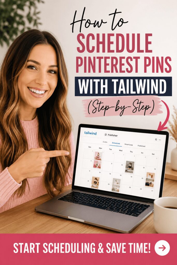 A woman with long hair smiles and points at a computer screen displaying a scheduling tool for Pinterest pins using Tailwind. The text overlay reads 'How to Schedule Pinterest Pins with Tailwind (Step-by-Step)' along with a call to action to start scheduling.