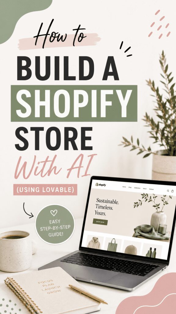 A visually appealing graphic titled 'How to Build a Shopify Store With AI (using Lovable)' featuring a laptop displaying a Shopify website, a coffee cup, and a notepad with a pen.