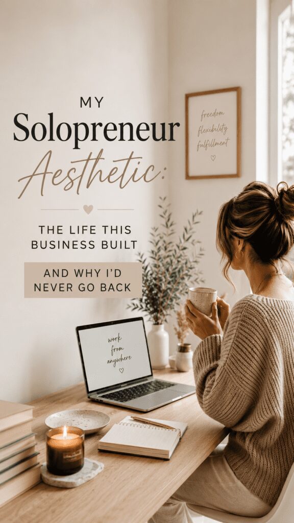 A cozy workspace featuring a laptop displaying 'work from anywhere', a notebook, a candle, and decorative plants, with a woman in a sweater enjoying a warm drink.