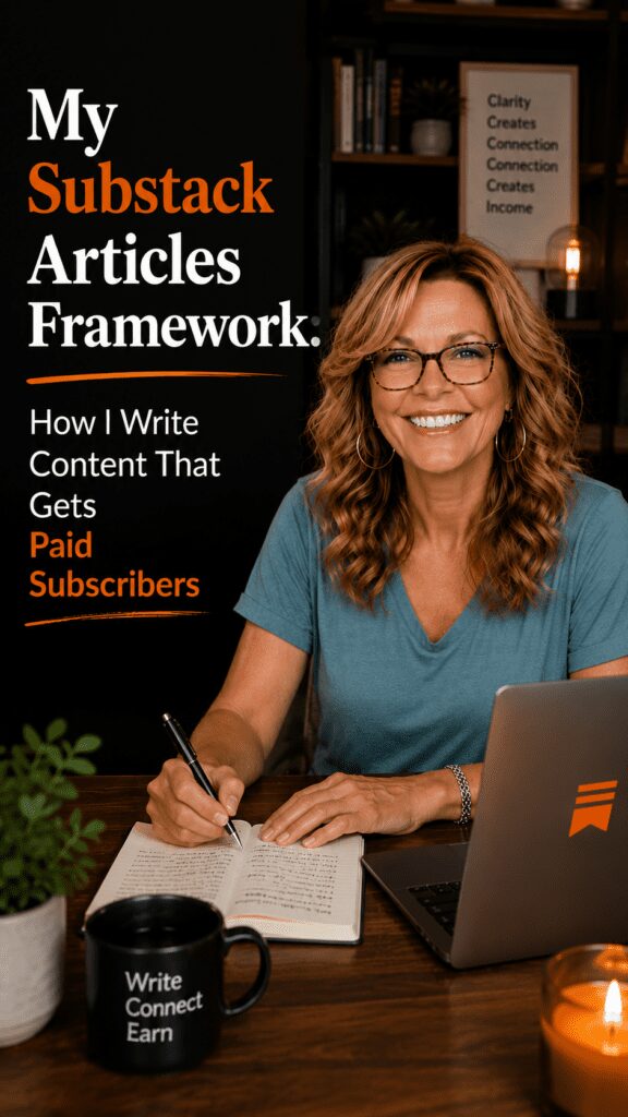 A smiling individual with curly hair wearing glasses writes in a notebook at a desk with a laptop and a coffee mug that reads 'Write Connect Earn'. The background features shelves and a candle, indicating a cozy workspace.