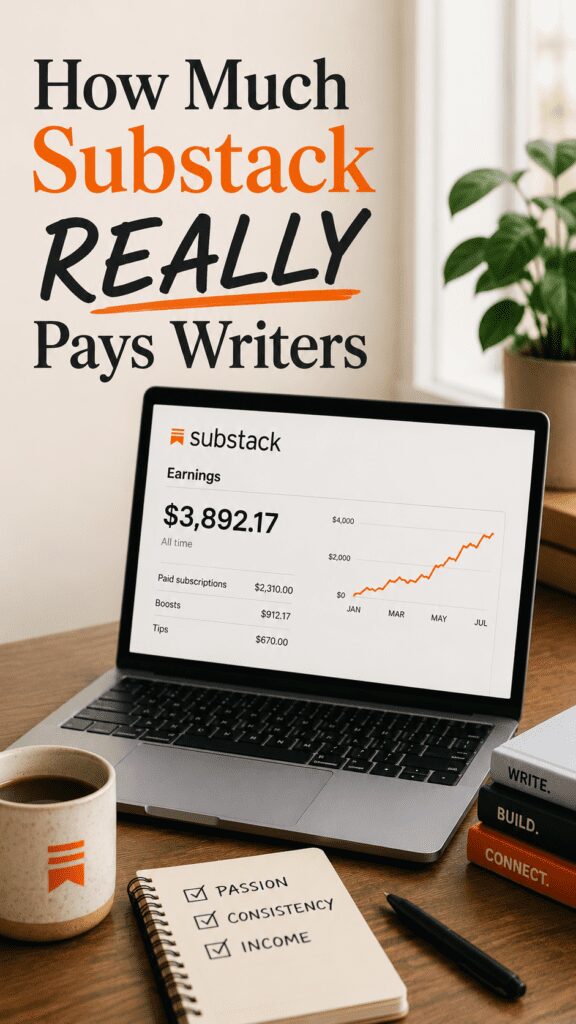 A laptop displaying Substack earnings, with a total of $3,892.17, alongside a coffee cup and a notebook with the words 'PASSION,' 'CONSISTENCY,' and 'INCOME' checked off, highlighting the topic of Substack writers' income.