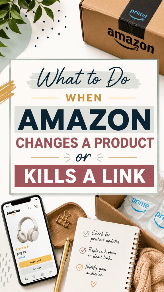 A flat lay image featuring an Amazon package, a mobile phone displaying an Amazon product, and a notebook with a checklist. The text overlay reads 'What to Do When Amazon Changes a Product or Kills a Link'.