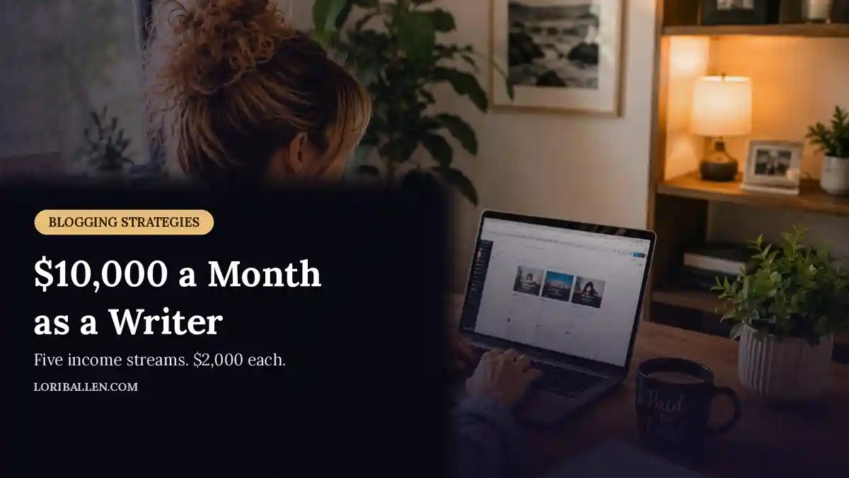 Lori Ballen at her desk working on a blog post, with text overlay: $10,000 a Month as a Writer, five income streams, $2,000 each
