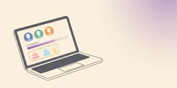 Clean modern flat illustration for a blog featured image: a laptop screen showing a simple community dashboard with member avatar circles, a course progress bar, and a pricing tier card. Warm cream background (#FBF8F3), a soft purple radial glow accent (#6C3FC5) in the upper right, a thin gold rule line (#F5A524) near the bottom. Minimalist creator-economy aesthetic, plenty of empty negative space, no text or letters anywhere in the image, wide 16:9 composition.