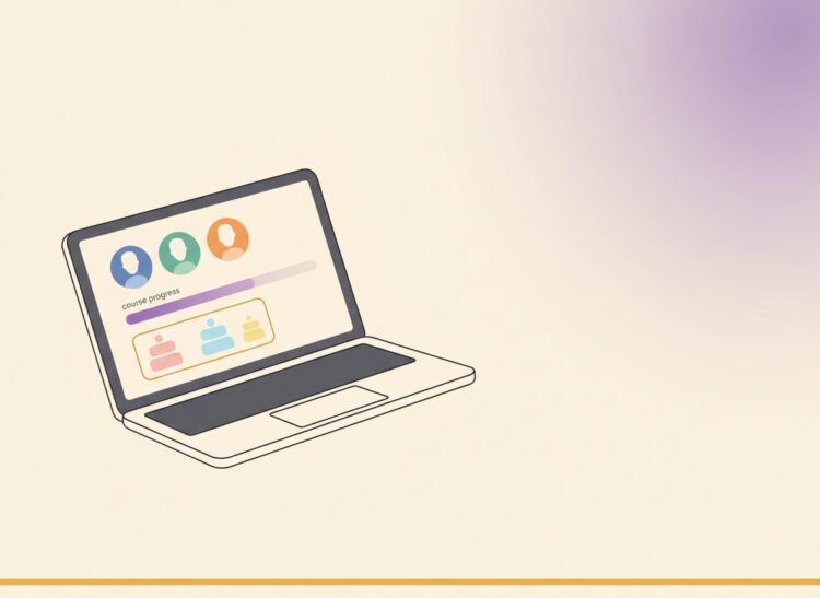 Clean modern flat illustration for a blog featured image: a laptop screen showing a simple community dashboard with member avatar circles, a course progress bar, and a pricing tier card. Warm cream background (#FBF8F3), a soft purple radial glow accent (#6C3FC5) in the upper right, a thin gold rule line (#F5A524) near the bottom. Minimalist creator-economy aesthetic, plenty of empty negative space, no text or letters anywhere in the image, wide 16:9 composition.