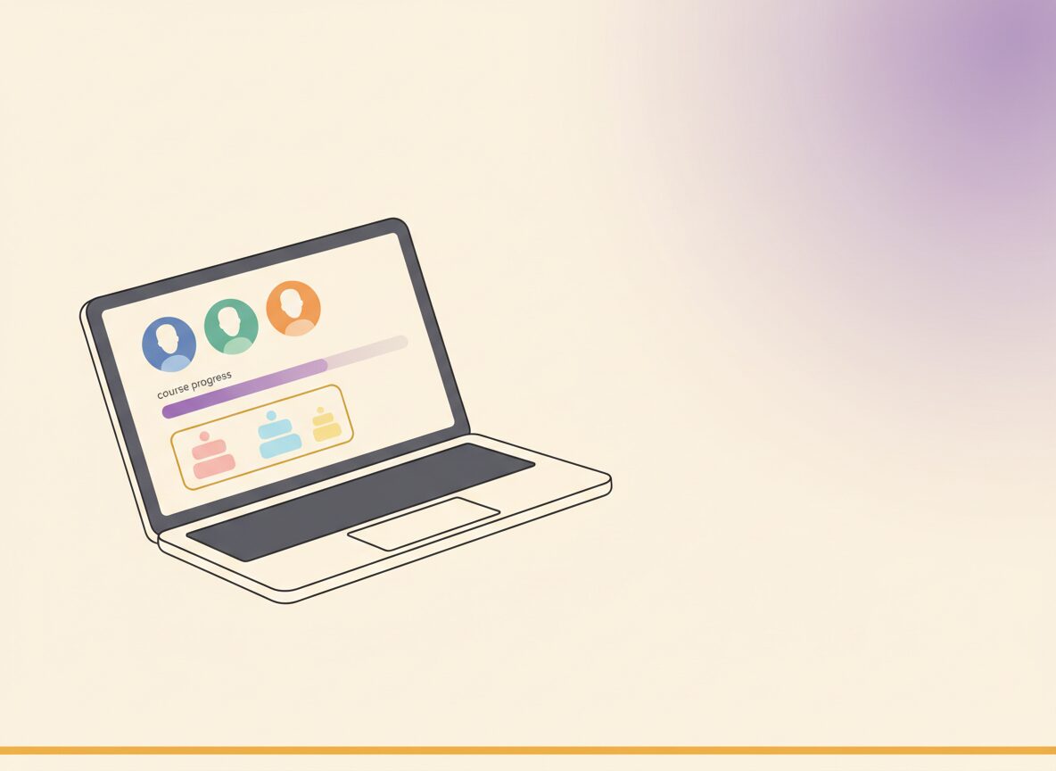 Clean modern flat illustration for a blog featured image: a laptop screen showing a simple community dashboard with member avatar circles, a course progress bar, and a pricing tier card. Warm cream background (#FBF8F3), a soft purple radial glow accent (#6C3FC5) in the upper right, a thin gold rule line (#F5A524) near the bottom. Minimalist creator-economy aesthetic, plenty of empty negative space, no text or letters anywhere in the image, wide 16:9 composition.