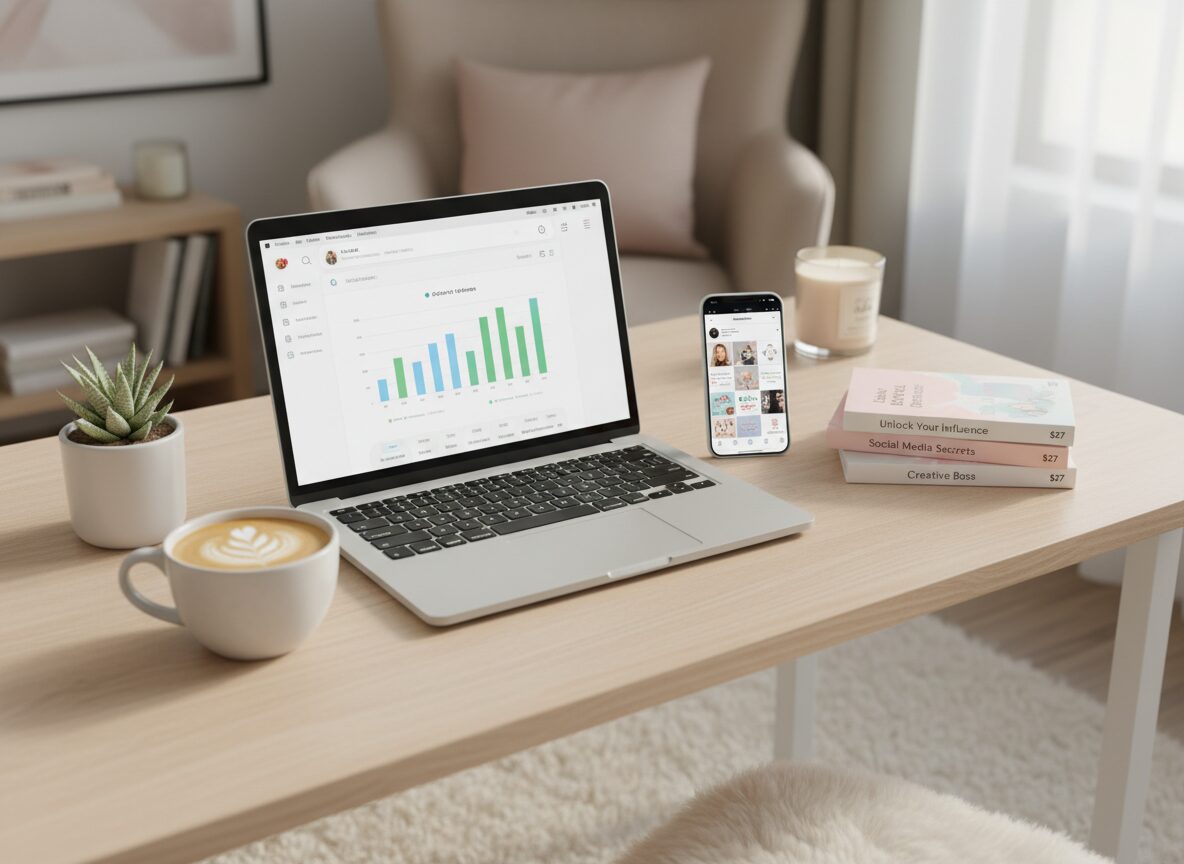 Home office desk with analytics dashboard and ebook mockups — monetizing as a content creator
