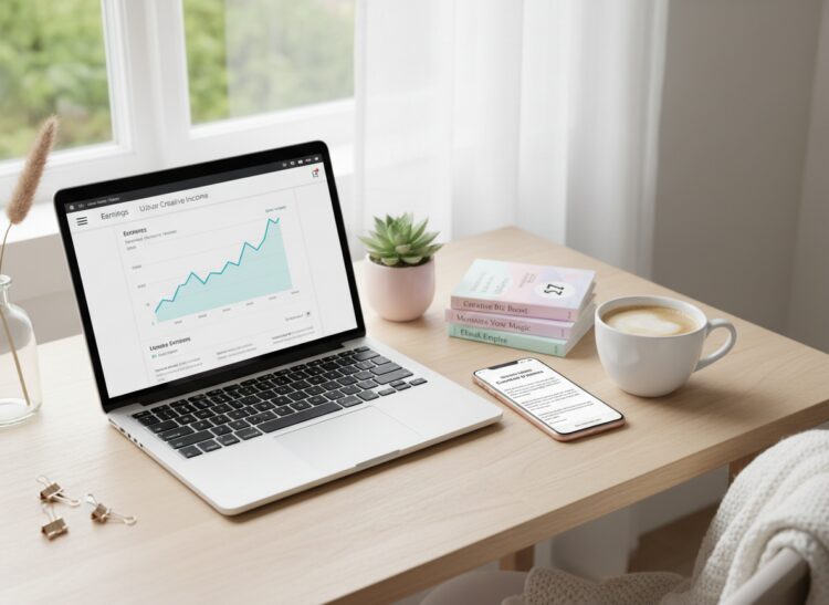 Home office desk with an earnings dashboard and ebook mockups — real affiliate marketing income