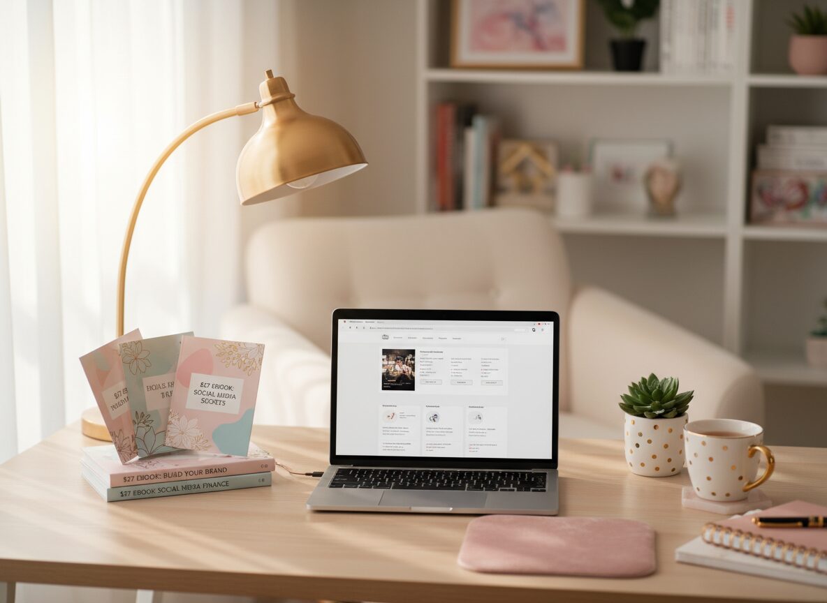 Home office desk with an online course and ebook mockups — selling digital products as real income