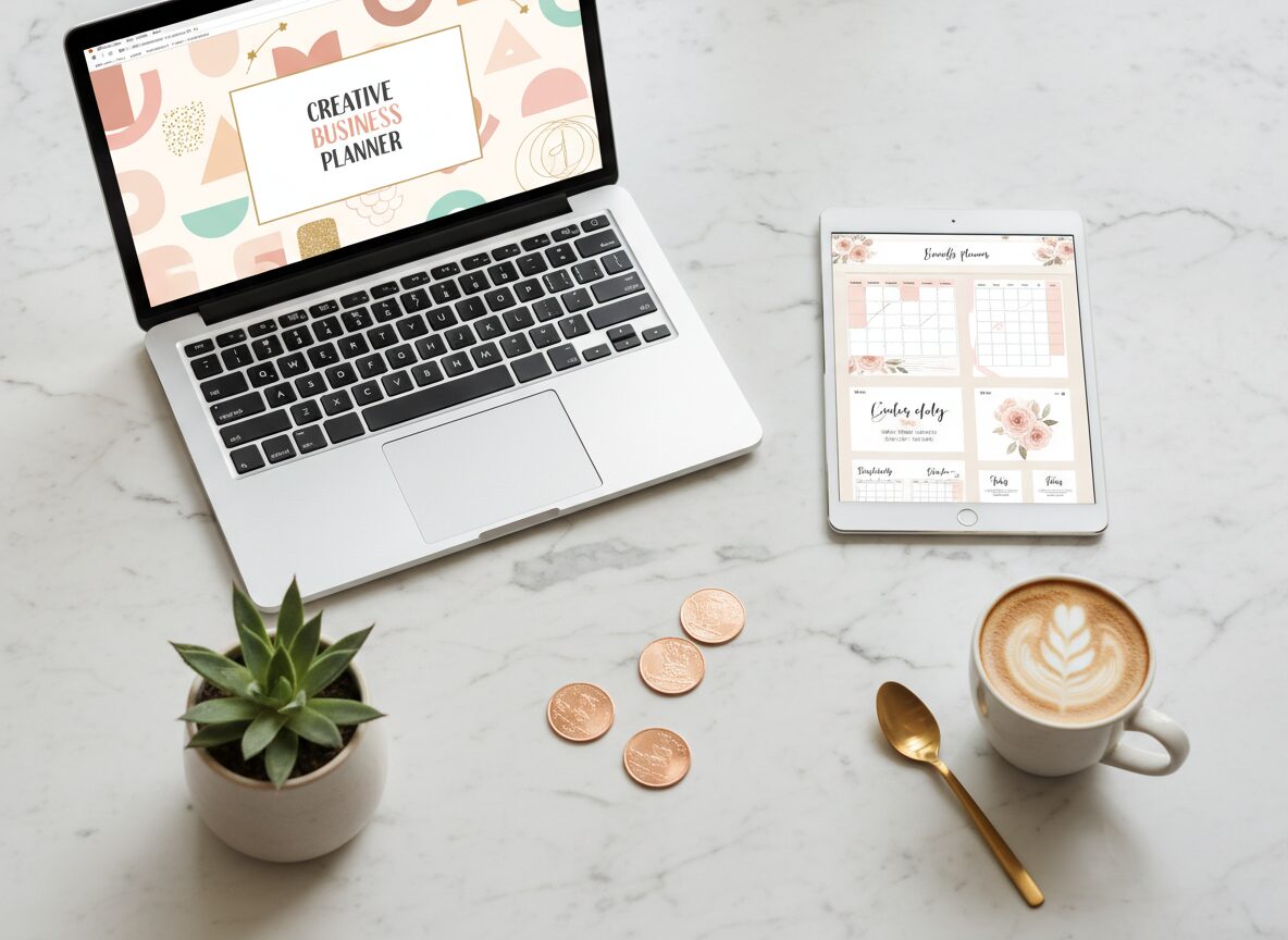 Laptop and tablet showing digital product designs on a marble desk — digital product ideas guide