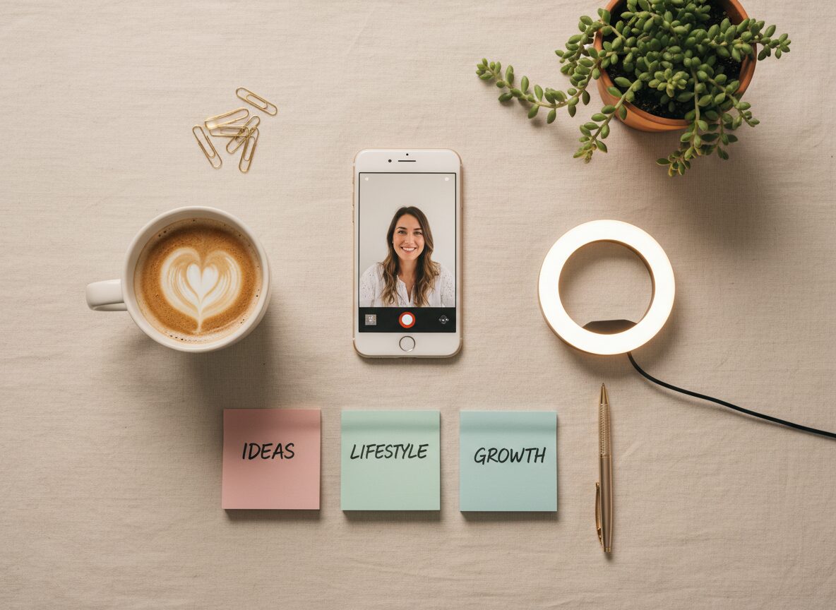 Phone recording a video with a ring light and content pillar notes on a linen background — building a content system