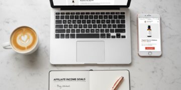 Laptop with a blog post and phone showing a product page on a marble desk — affiliate marketing examples