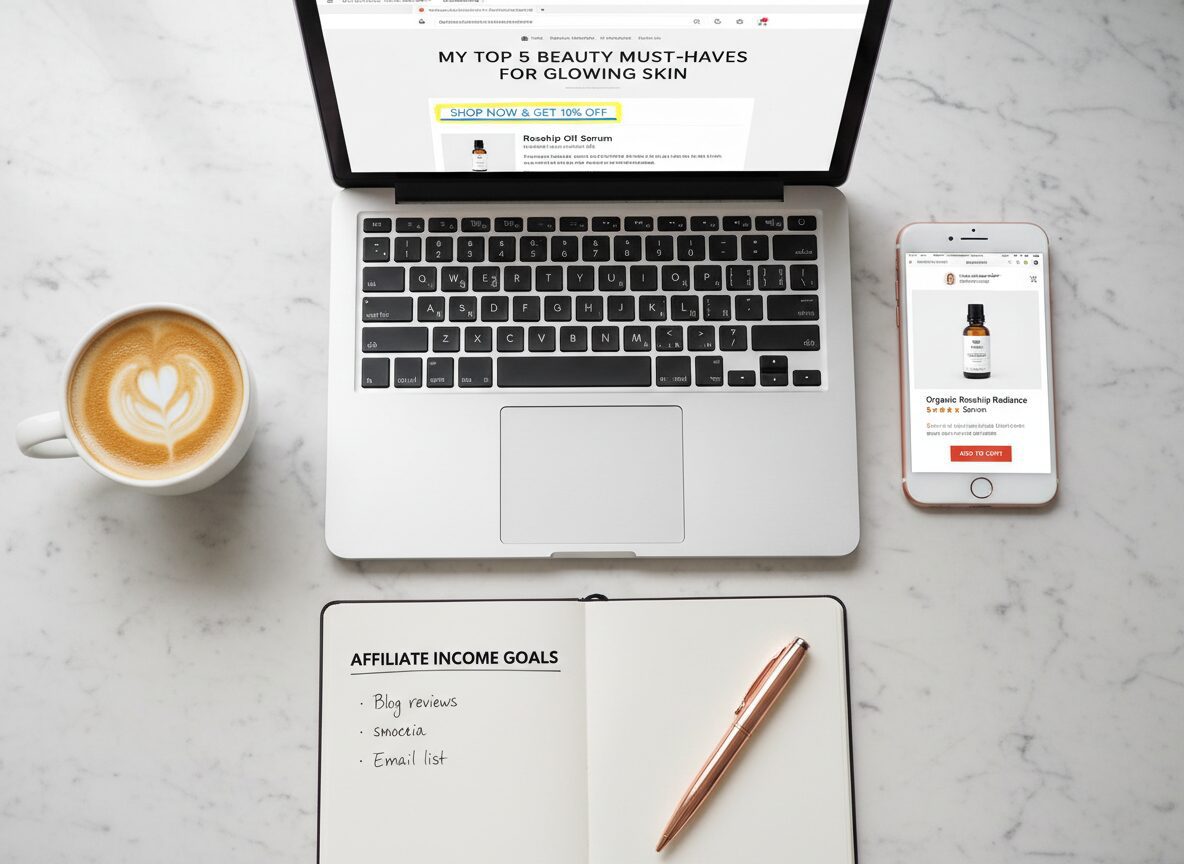 Laptop with a blog post and phone showing a product page on a marble desk — affiliate marketing examples