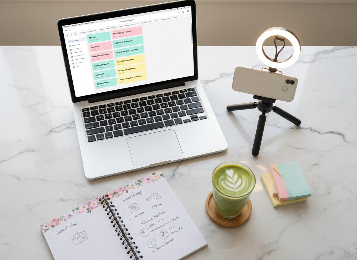 Laptop, phone on a tripod, and a content planning notebook on a marble desk — how to become a content creator