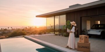 Woman standing outside her desert home near moving boxes looking toward the coast